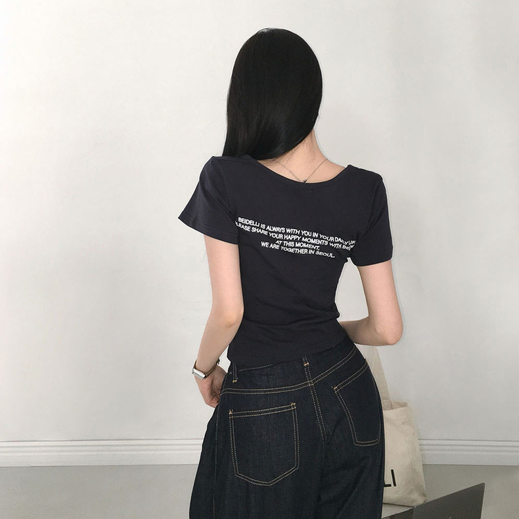レタリングUネック半袖Tシャツ CHARCOAL