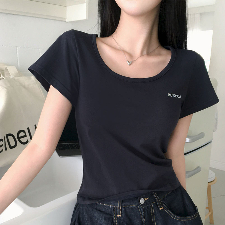 レタリングUネック半袖Tシャツ CHARCOAL