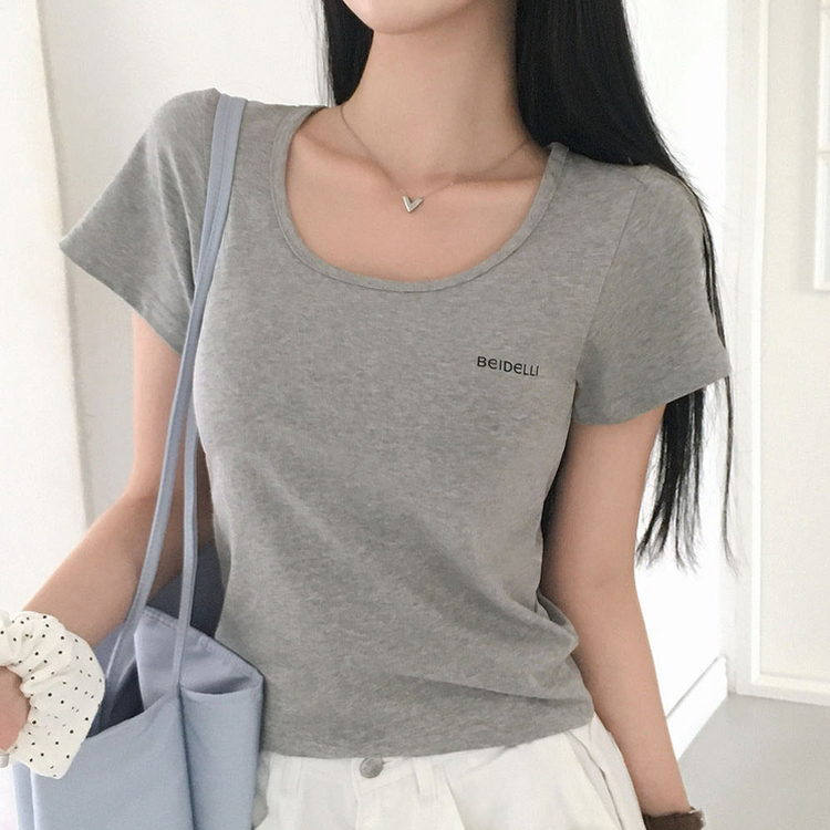 レタリングUネック半袖Tシャツ GREY