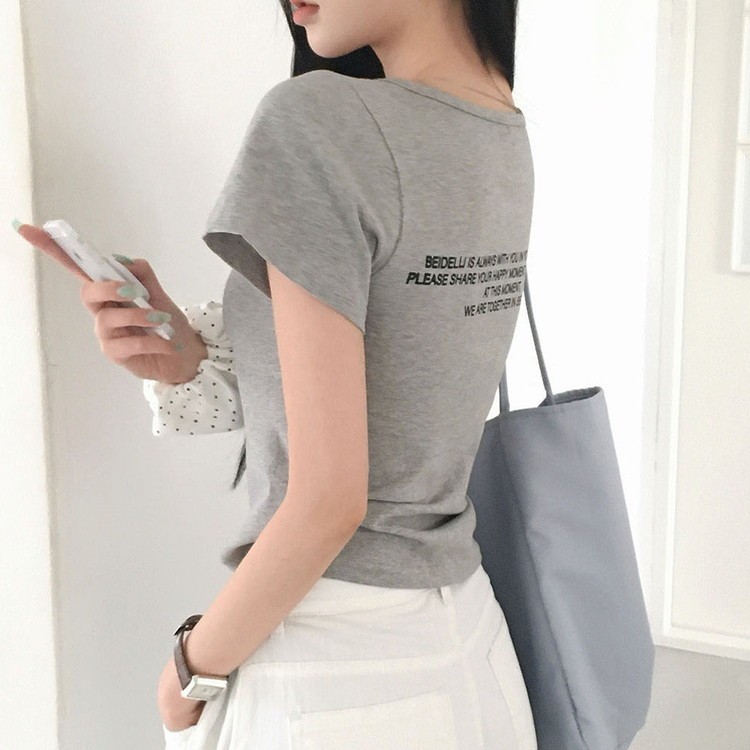 レタリングUネック半袖Tシャツ GREY