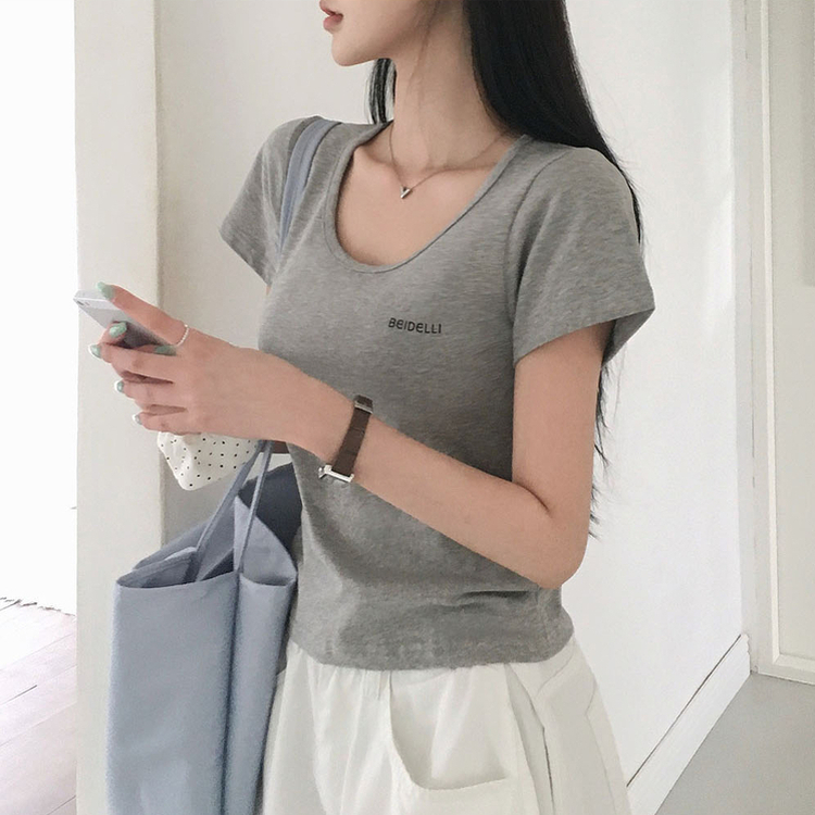 レタリングUネック半袖Tシャツ GREY