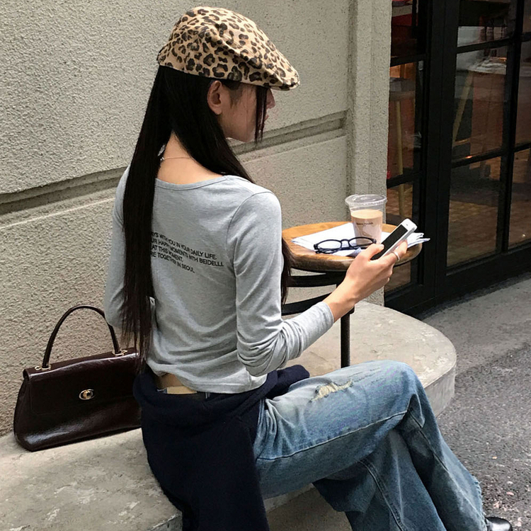 レタリングUネック半袖Tシャツ GREY