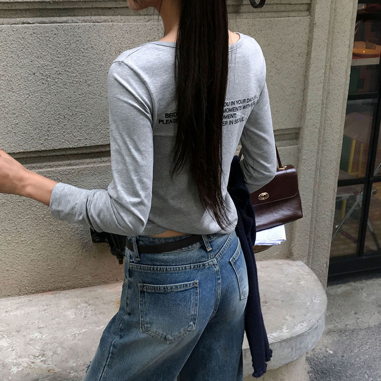 レタリングUネック半袖Tシャツ GREY