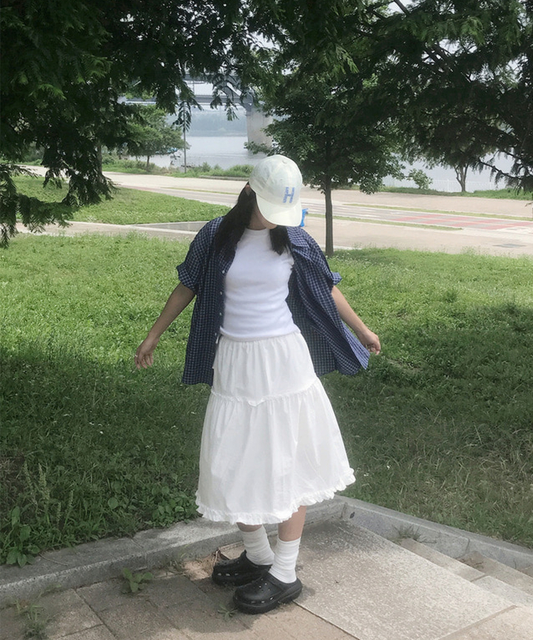 リボンフリルフレアミディロングスカート IVORY