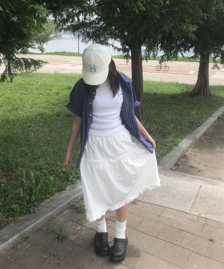 リボンフリルフレアミディロングスカート IVORY