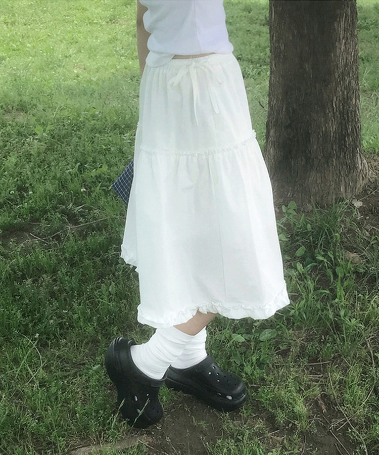 リボンフリルフレアミディロングスカート IVORY