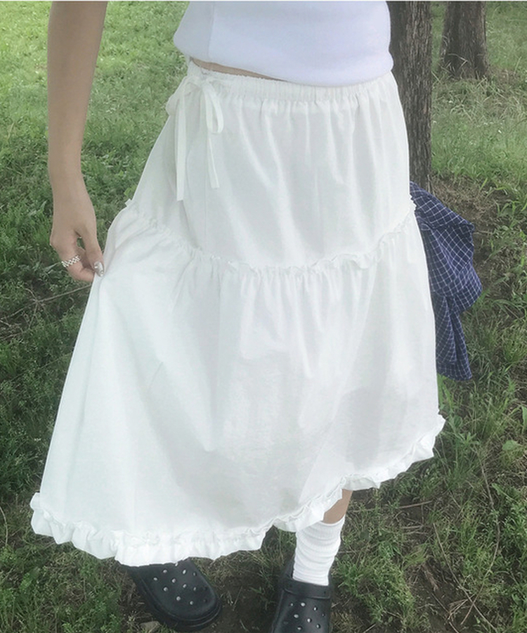 リボンフリルフレアミディロングスカート IVORY
