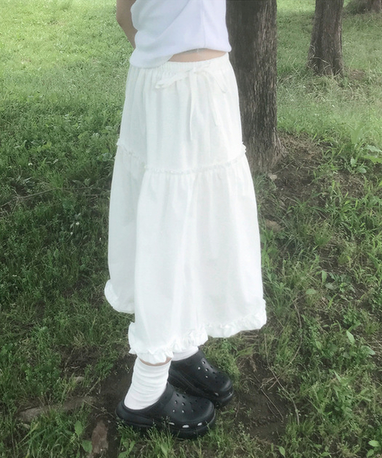 リボンフリルフレアミディロングスカート IVORY