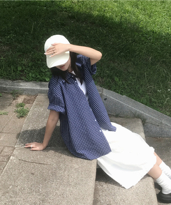 シャツ ビンテージチェックオーバー半袖シャツ BLUE