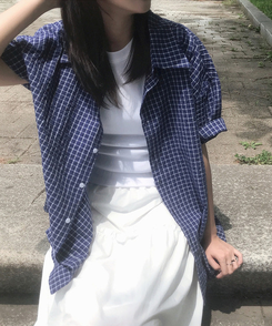 シャツ ビンテージチェックオーバー半袖シャツ BLUE