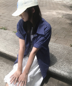 シャツ ビンテージチェックオーバー半袖シャツ BLUE