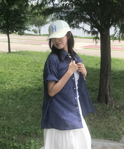 シャツ ビンテージチェックオーバー半袖シャツ BLUE