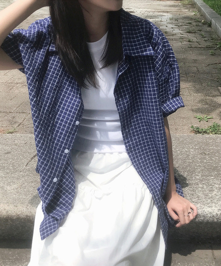 ビンテージチェックオーバー半袖シャツ BLUE