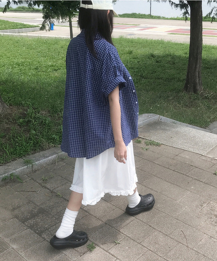 ビンテージチェックオーバー半袖シャツ BLUE