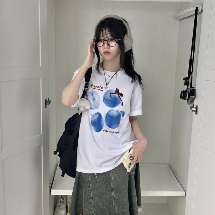 ブルーアップルリボン半袖Tシャツ IVORY