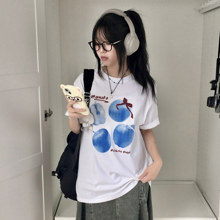 ブルーアップルリボン半袖Tシャツ IVORY