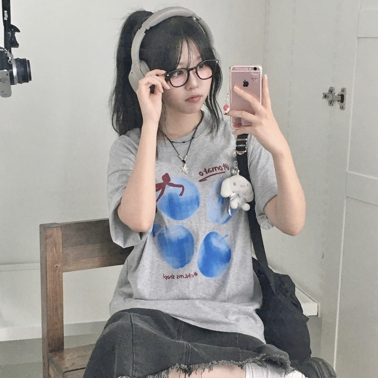 ブルーアップルリボン半袖Tシャツ GREY