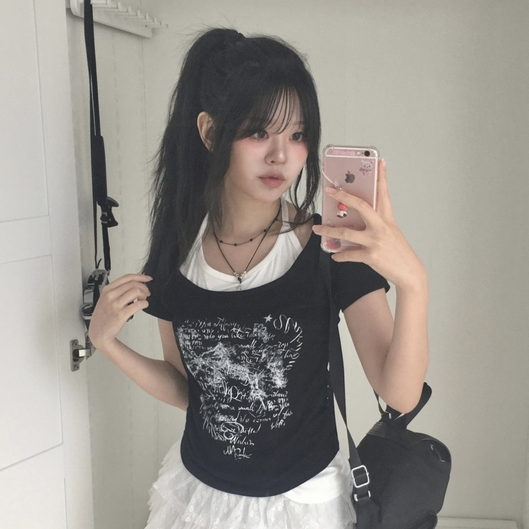 ホールターアンバランスグ半袖Tシャツ BLACK