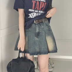 ミニスカート 【ベルト付き】デニムウォッシングミニスカート MID DENIM
