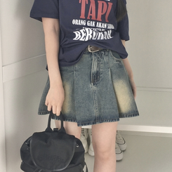 ミニスカート 【ベルト付き】デニムウォッシングミニスカート MID DENIM