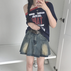 ミニスカート 【ベルト付き】デニムウォッシングミニスカート MID DENIM