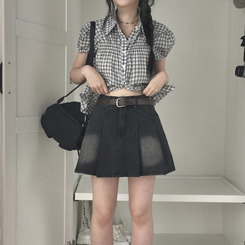 ミニスカート 【ベルト付き】デニムウォッシングミニスカート BLACK DENIM