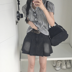 ミニスカート 【ベルト付き】デニムウォッシングミニスカート BLACK DENIM