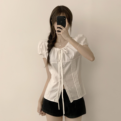 ブラウス パフ袖リボンスリットブラウス WHITE