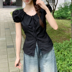 ブラウス パフ袖リボンスリットブラウス BLACK