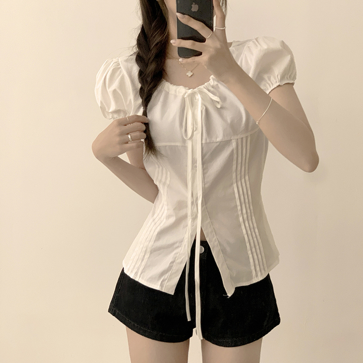 パフ袖リボンスリットブラウス WHITE