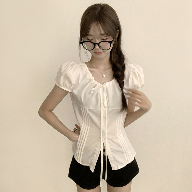 パフ袖リボンスリットブラウス WHITE