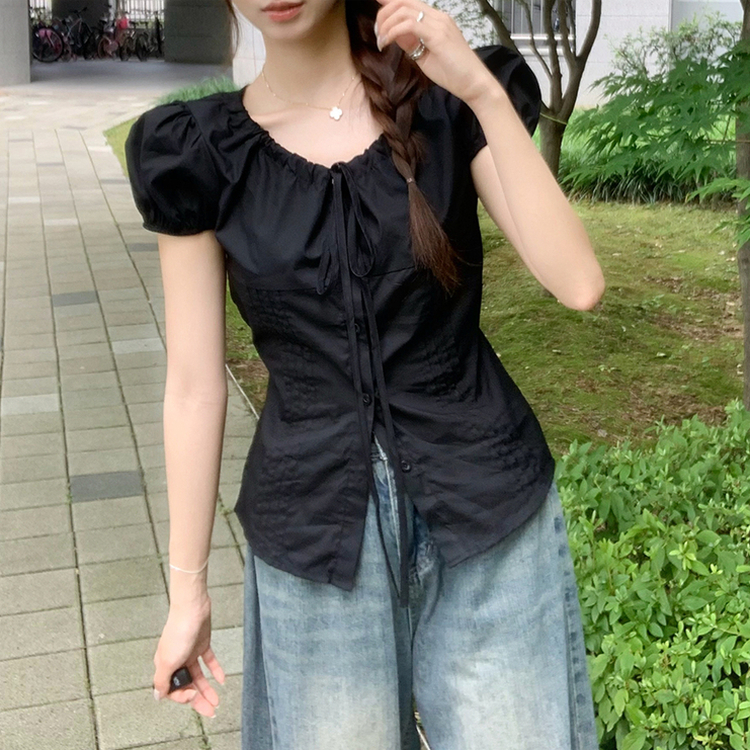 パフ袖リボンスリットブラウス BLACK