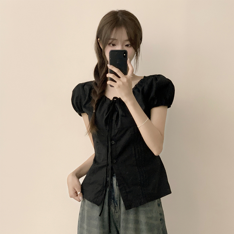 パフ袖リボンスリットブラウス BLACK
