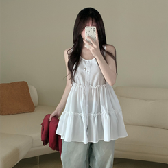 ミニワンピース ティアードボタンミニワンピースブラウス WHITE