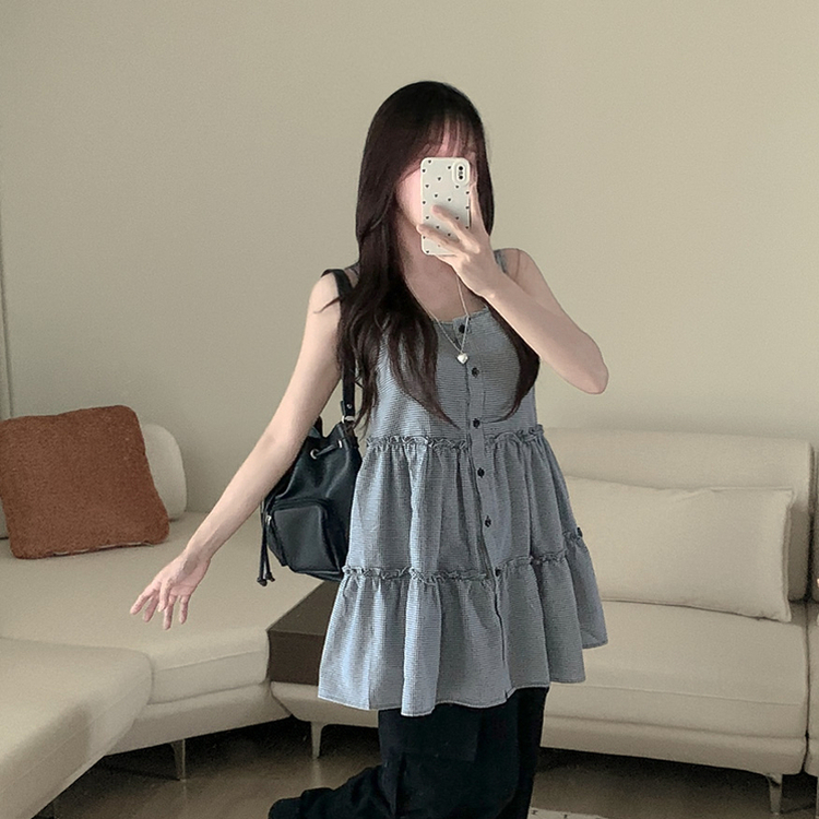 ミニワンピース ティアードボタンミニワンピースブラウス CHECK