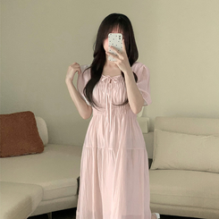 ロングワンピース フレアパフシフォンロングワンピース PINK
