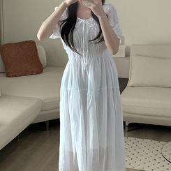 ロングワンピース フレアパフシフォンロングワンピース WHITE