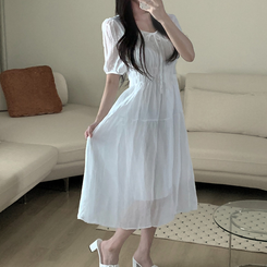 ロングワンピース フレアパフシフォンロングワンピース WHITE