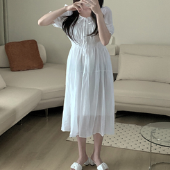 ロングワンピース フレアパフシフォンロングワンピース WHITE
