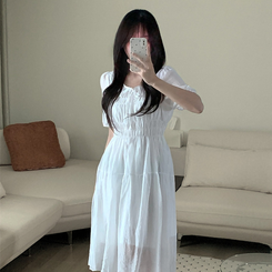 ロングワンピース フレアパフシフォンロングワンピース WHITE