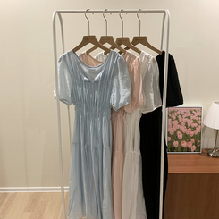 ロングワンピース フレアパフシフォンロングワンピース