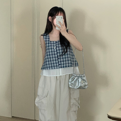 ブラウス レイヤードチェックキャミソール NAVY