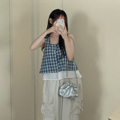 ブラウス レイヤードチェックキャミソール NAVY