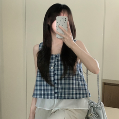 ブラウス レイヤードチェックキャミソール NAVY