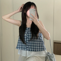 ブラウス レイヤードチェックキャミソール NAVY