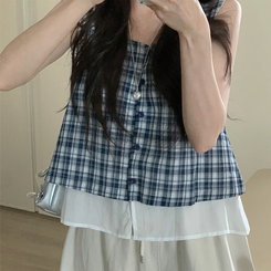 ブラウス レイヤードチェックキャミソール NAVY
