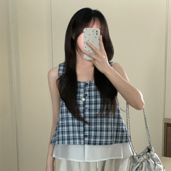 ブラウス レイヤードチェックキャミソール NAVY