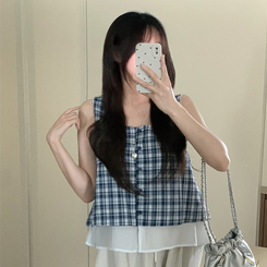 ブラウス レイヤードチェックキャミソール NAVY