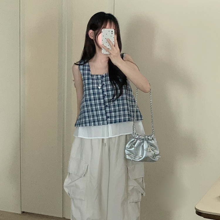 レイヤードチェックキャミソール NAVY