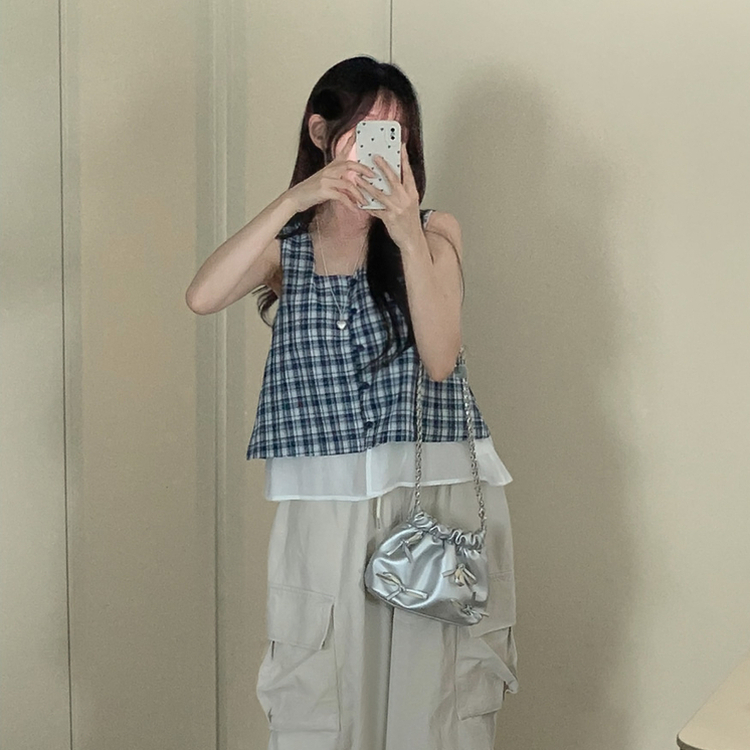 レイヤードチェックキャミソール NAVY